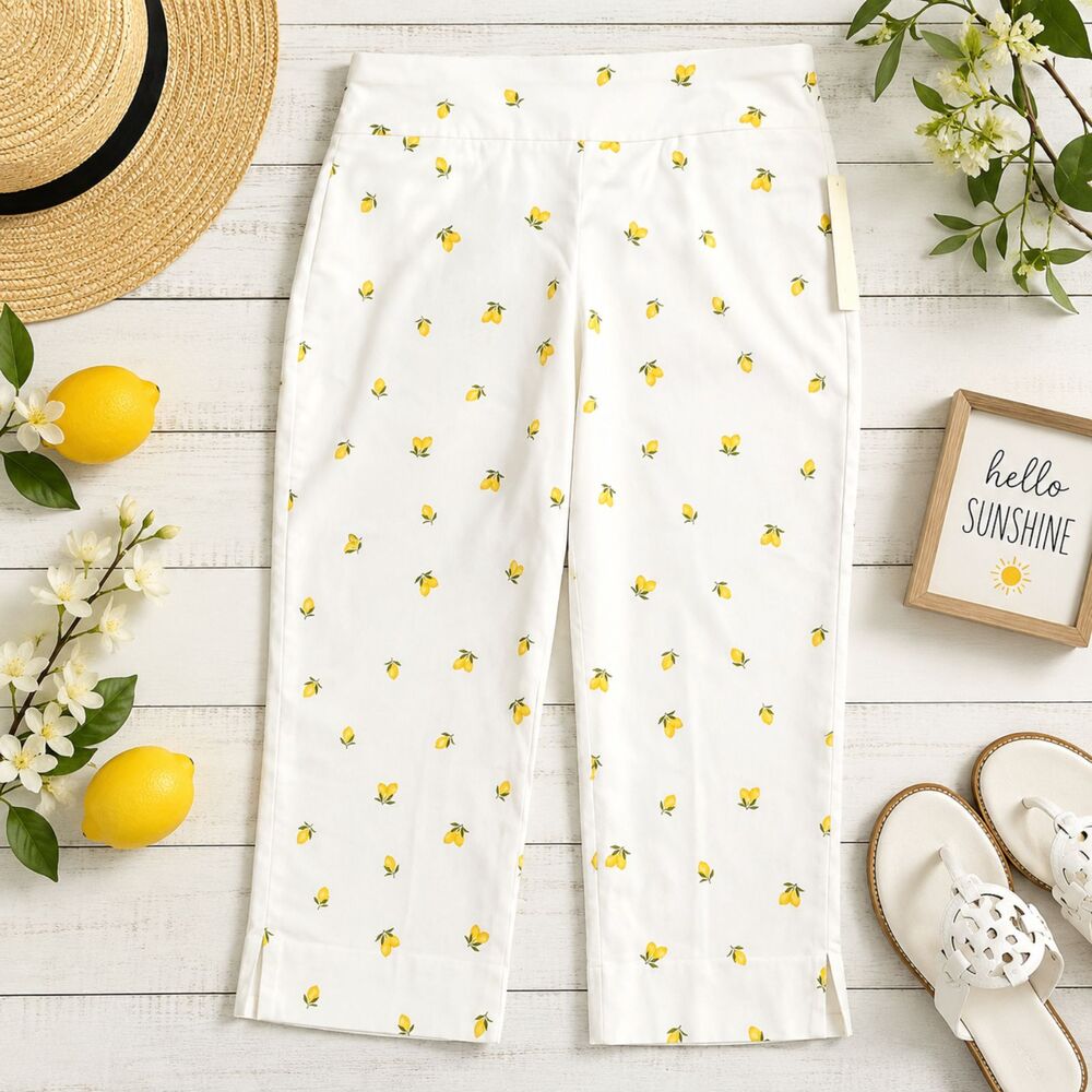 Copper & Ella Lemon Print Cropped Pants Wide Leg Faux Pockets NWT Size 8